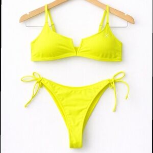 Boutine LA Neon Yellow V-Cut Top Mul-Tie Bottom Bikini Set Size M  Summer Beach